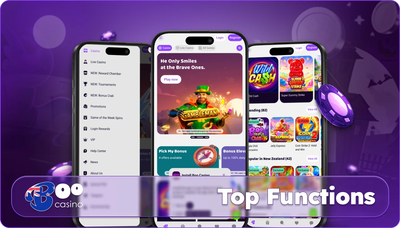 Key features such as account management, payments and game access in the mobile app
